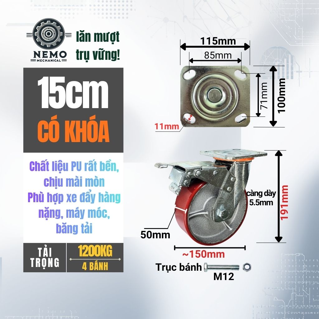 Bánh Xe PU Lõi Sắt Tải Nặng – Khung Càng Thép 5.5mm (D100, D125, D150, D200)